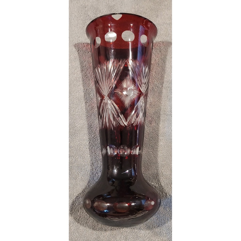 Vintage Bohemian Ruby Red Cut to Clear Glass Vase 13" - As Is /Read Description
